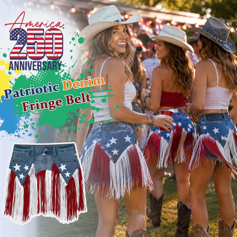 USA 250th Anniversary Patriotic Denim Fringe Belt