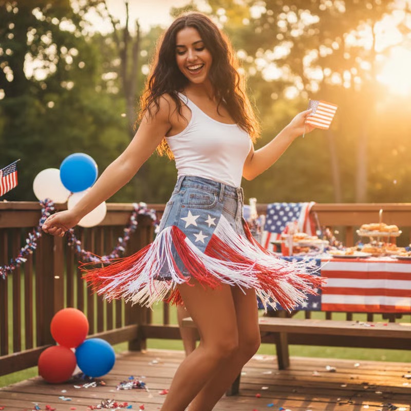 USA 250th Anniversary Patriotic Denim Fringe Belt