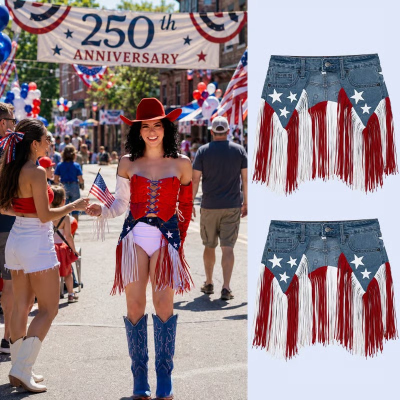 USA 250th Anniversary Patriotic Denim Fringe Belt