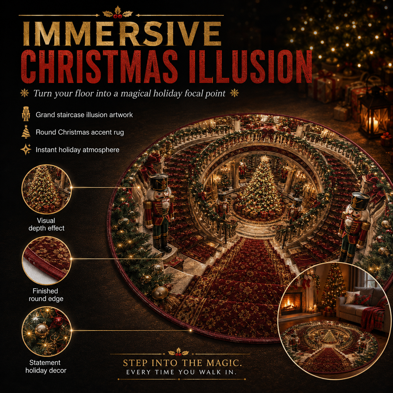 📢📢Mega Sale⏰！！！1🎄 Christmas 3D Illusion Rug – Magical Holiday Portal Floor Decor