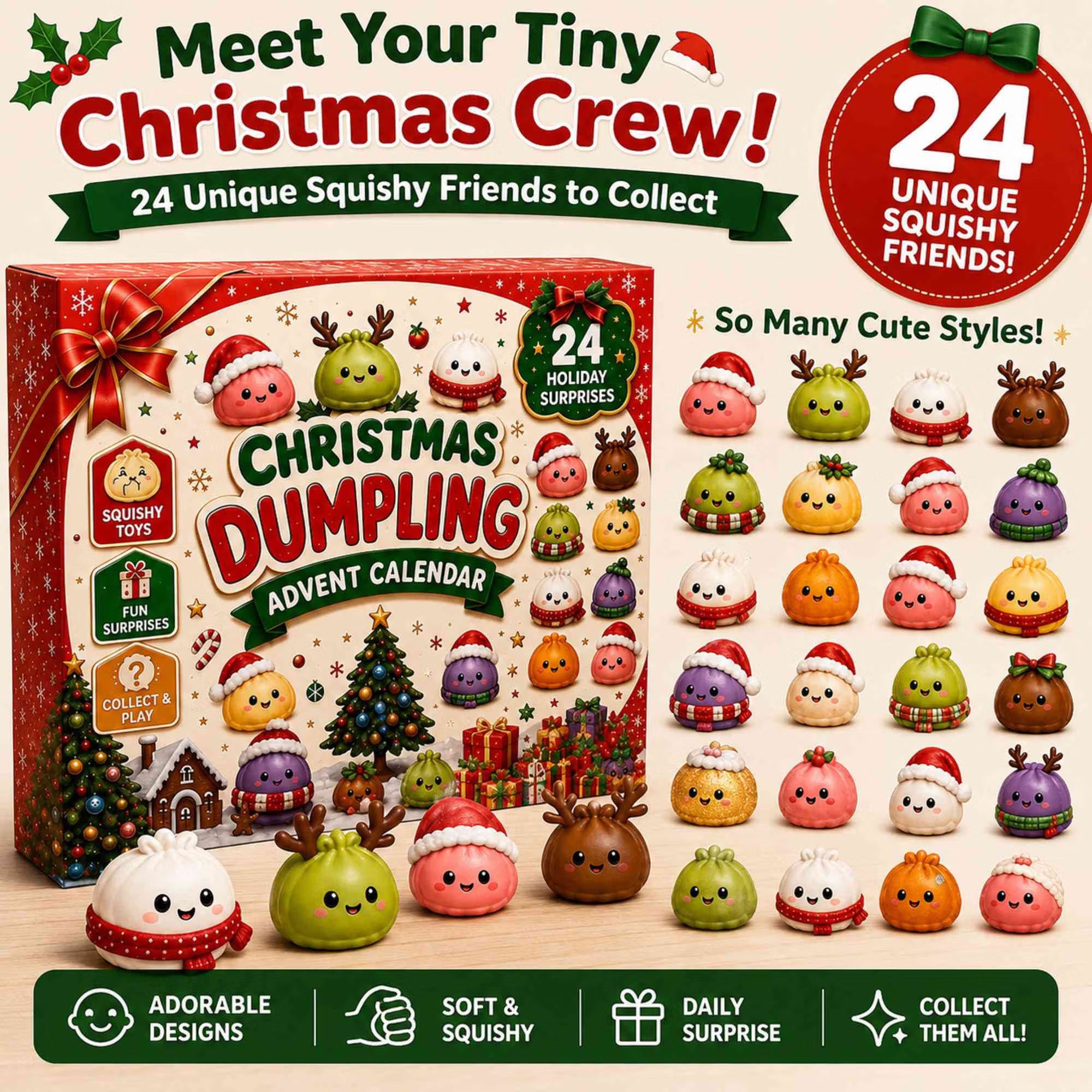 Christmas Dumpling Squishy Advent Calendar - 24 Surprise Toys