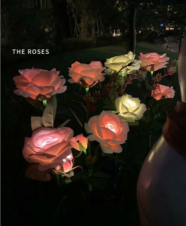 SPRING ARTIFICIAL ROSE SOLAR GARDEN STAKE LIGHTS