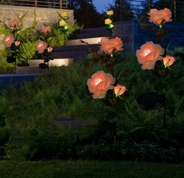 SPRING ARTIFICIAL ROSE SOLAR GARDEN STAKE LIGHTS