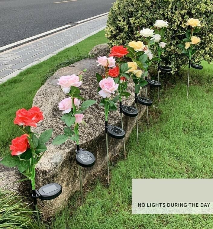 SPRING ARTIFICIAL ROSE SOLAR GARDEN STAKE LIGHTS