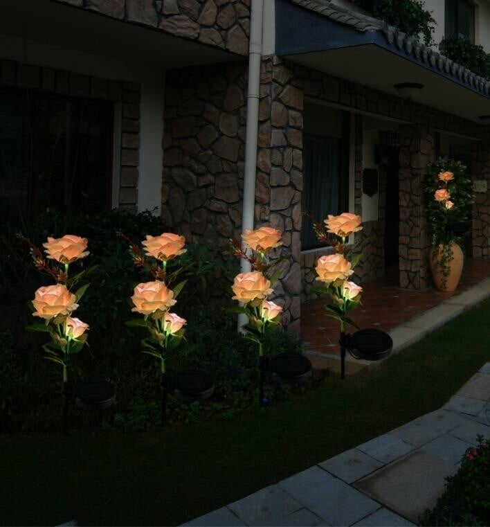 SPRING ARTIFICIAL ROSE SOLAR GARDEN STAKE LIGHTS