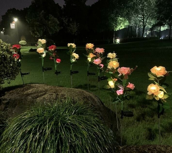 SPRING ARTIFICIAL ROSE SOLAR GARDEN STAKE LIGHTS