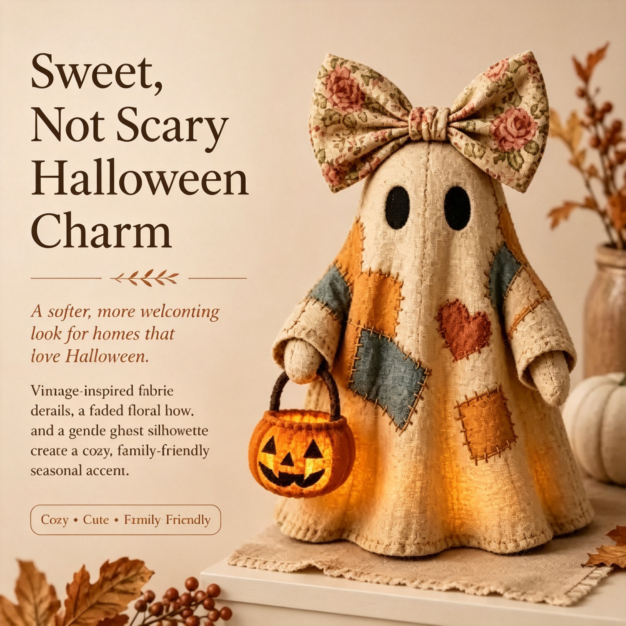🎃✨Beleuchteter Vintage Patchwork-Geist – Halloween Deko mit warmem Licht, Batteriebetrieb, Farmhouse-Stil