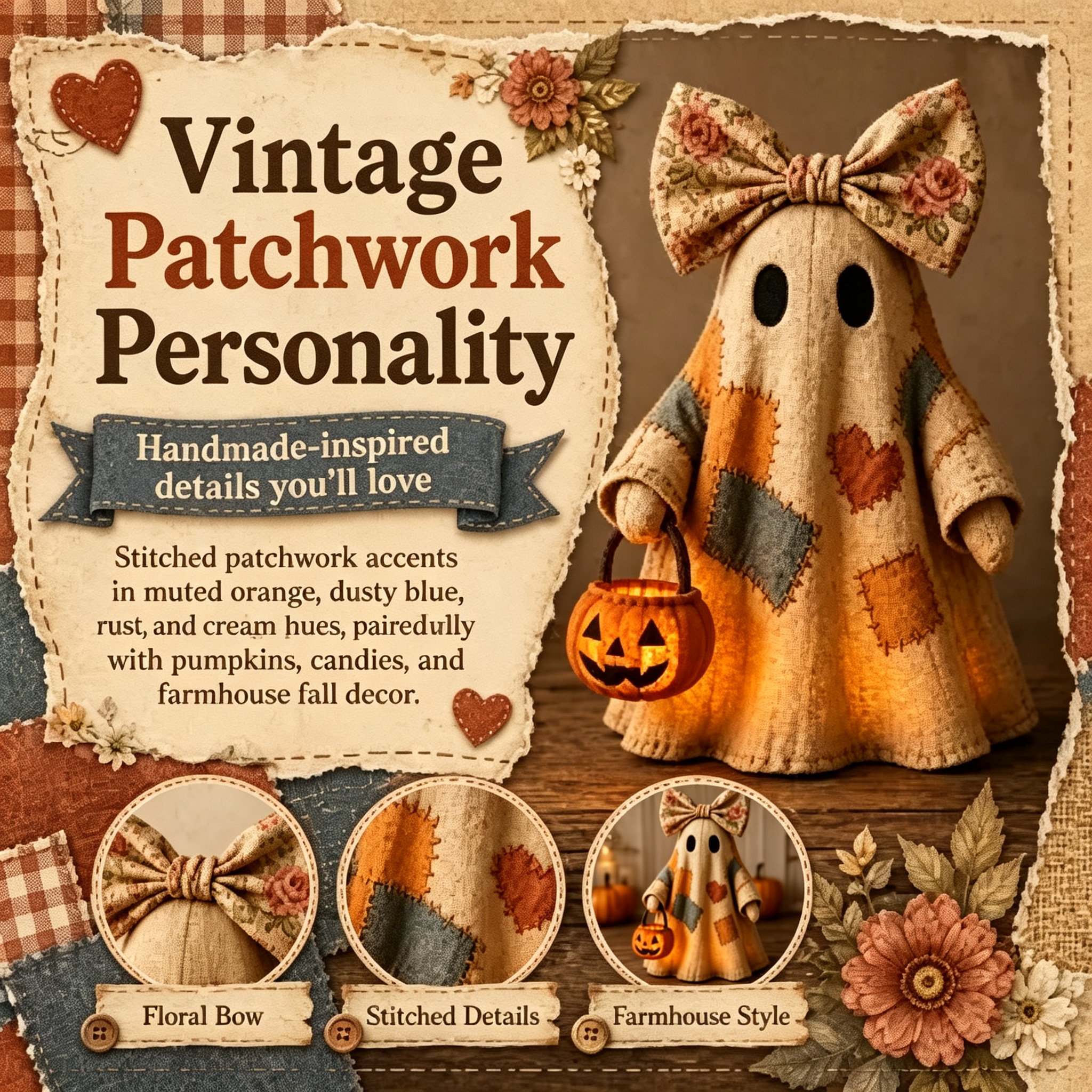 🎃✨Beleuchteter Vintage Patchwork-Geist – Halloween Deko mit warmem Licht, Batteriebetrieb, Farmhouse-Stil