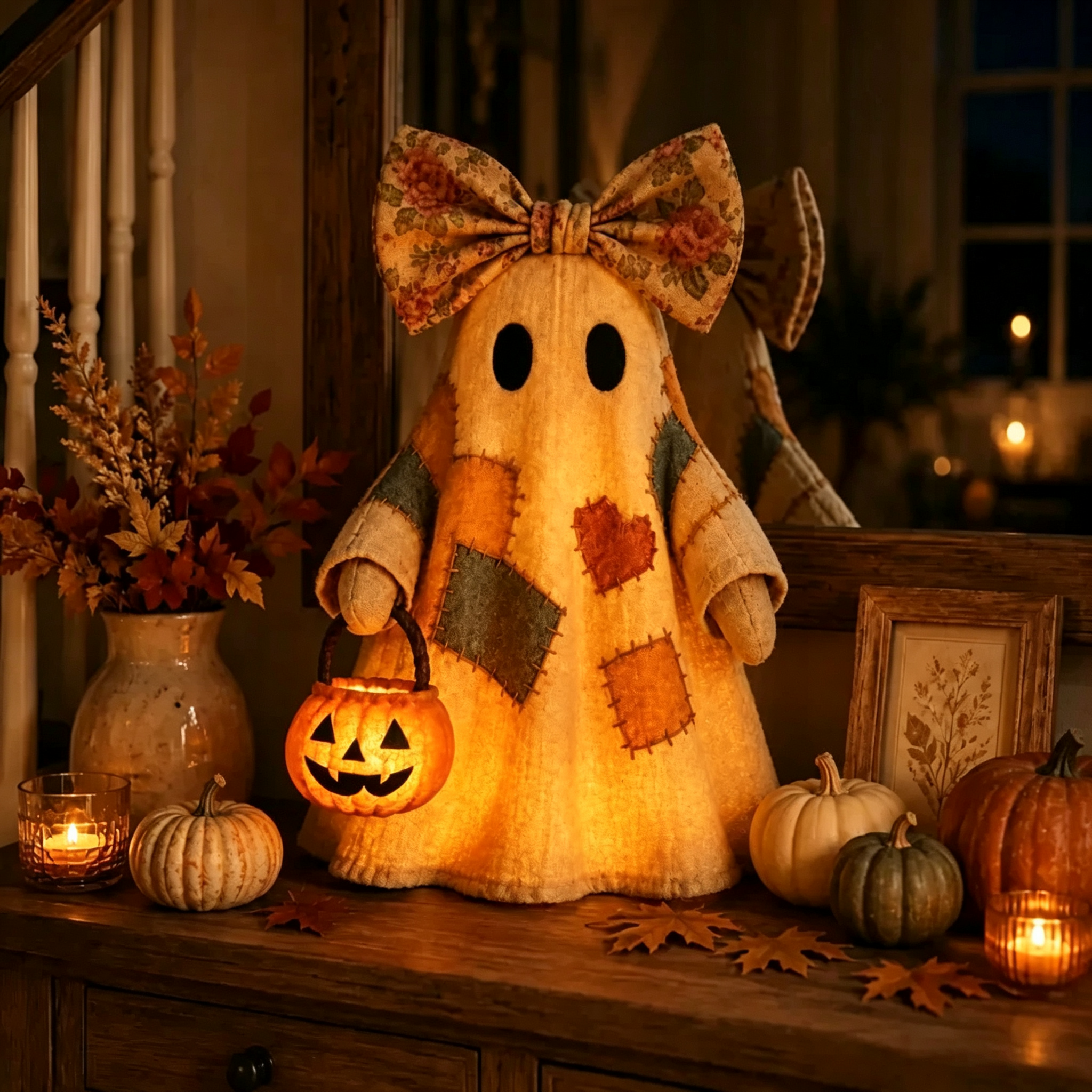 🎃✨Beleuchteter Vintage Patchwork-Geist – Halloween Deko mit warmem Licht, Batteriebetrieb, Farmhouse-Stil