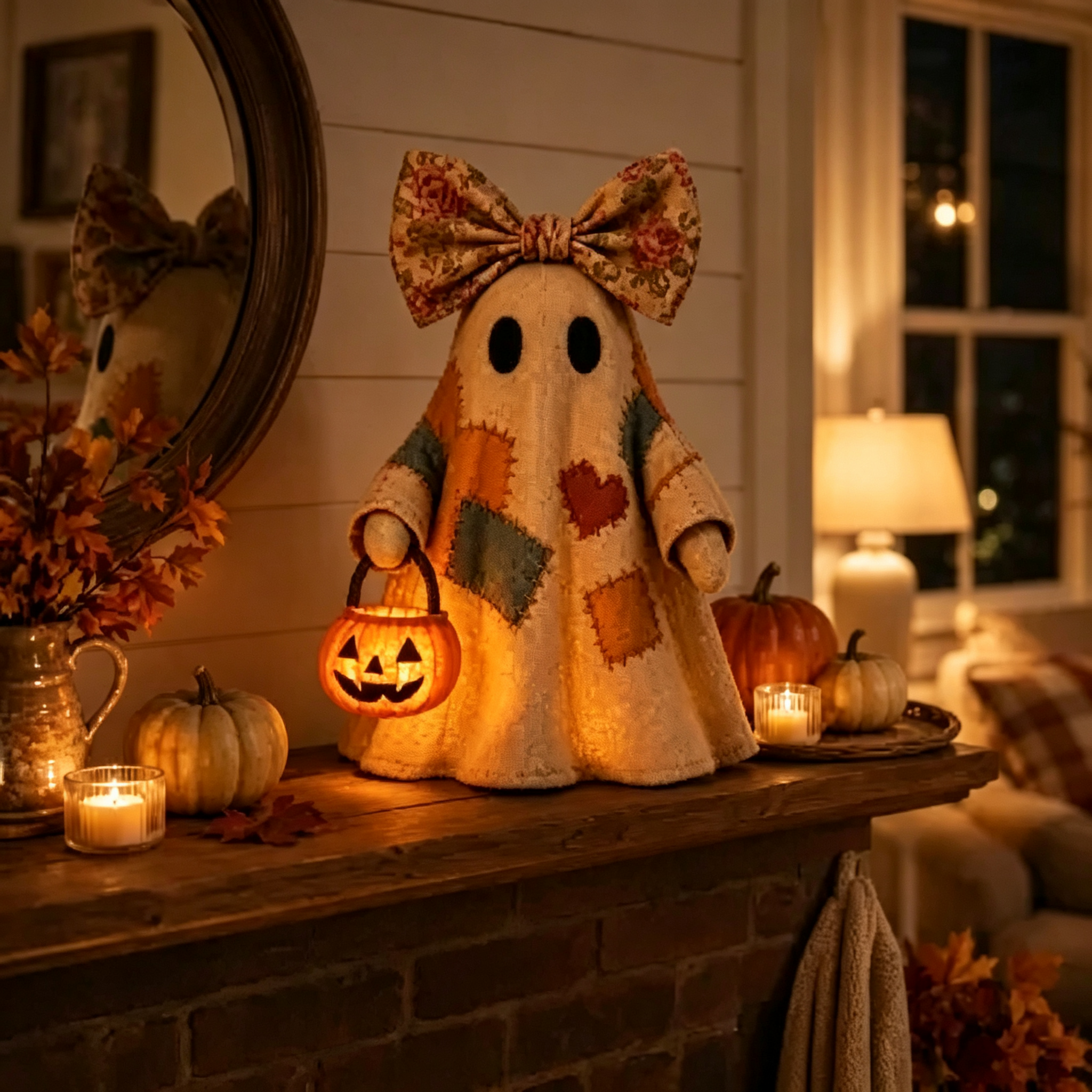 🎃✨Beleuchteter Vintage Patchwork-Geist – Halloween Deko mit warmem Licht, Batteriebetrieb, Farmhouse-Stil