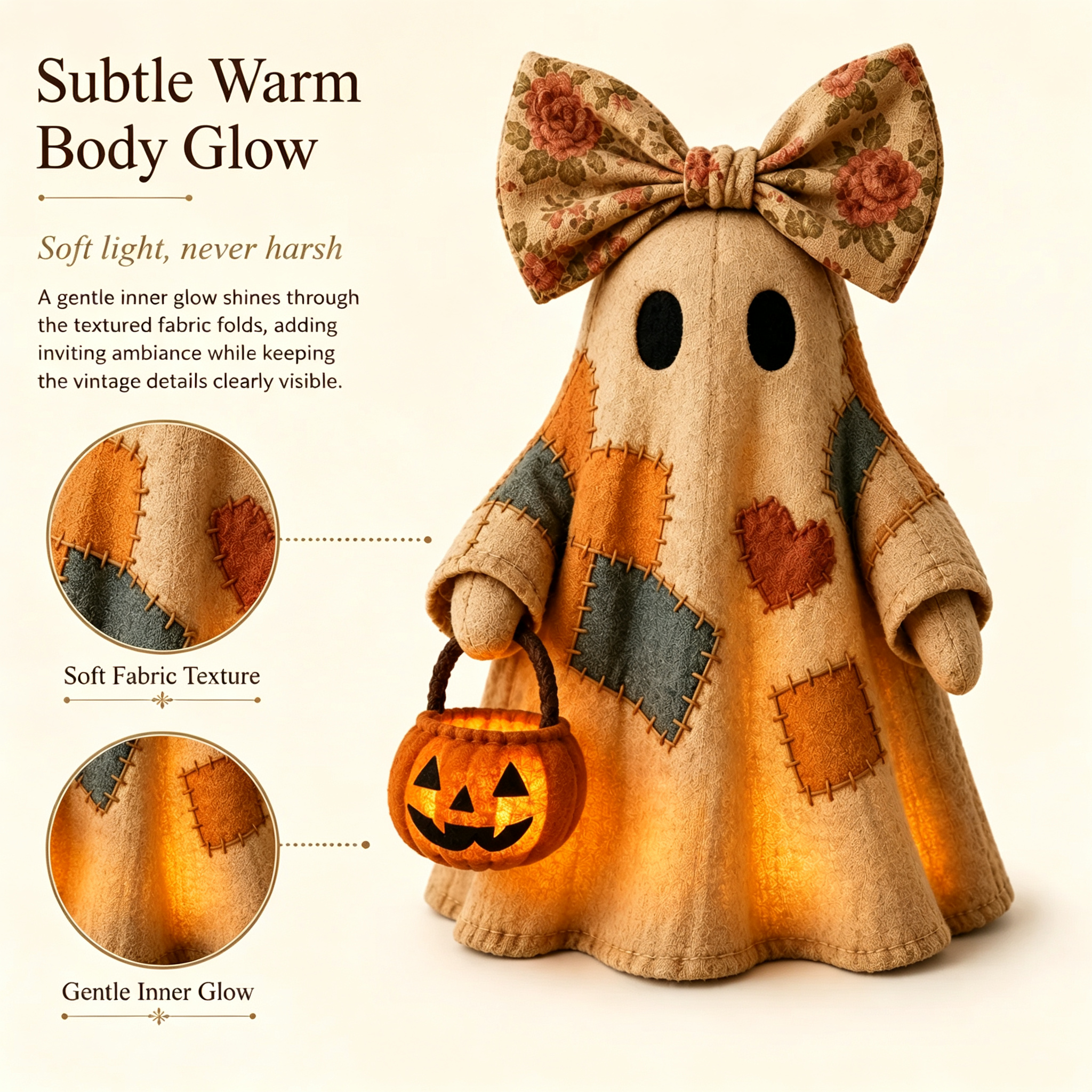 🎃✨Beleuchteter Vintage Patchwork-Geist – Halloween Deko mit warmem Licht, Batteriebetrieb, Farmhouse-Stil