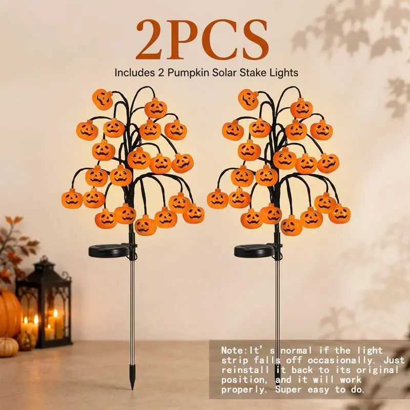Solar Pumpkin Stake Lights, 20-Head Halloween Garden Lights, Waterproof Solar Operated Lights 8 Modes Auto On/Off, Outdoor Yard Lawn Pathway Halloween Decor, 2/4 Pack Landscape Holiday Lights