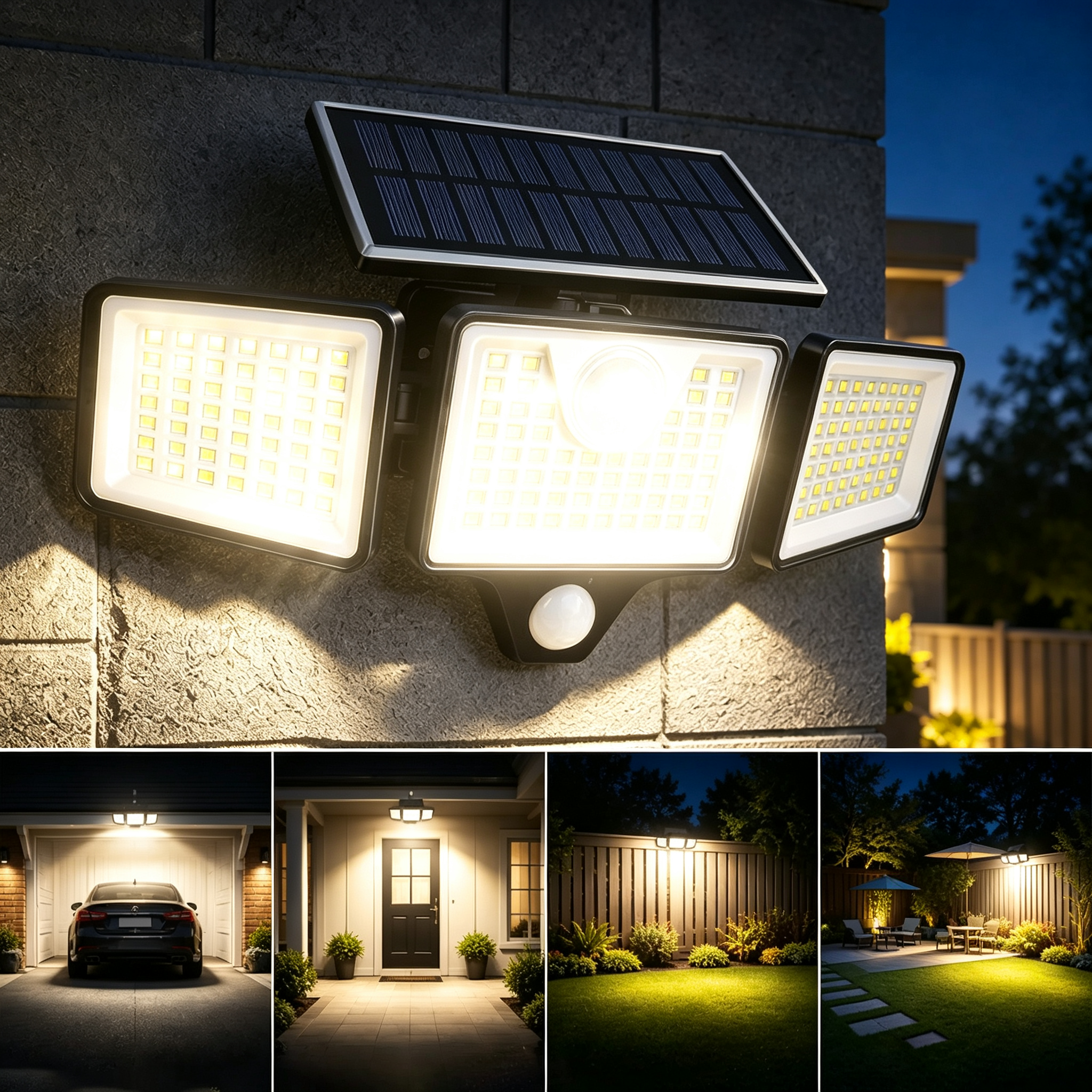 Solar Outdoor Security Spotlights, 2500LM 3-Head Dimmable Adjustable Wall Mount Lights with 3 Modes, IP65 Waterproof, for Garage, Festival Gift
