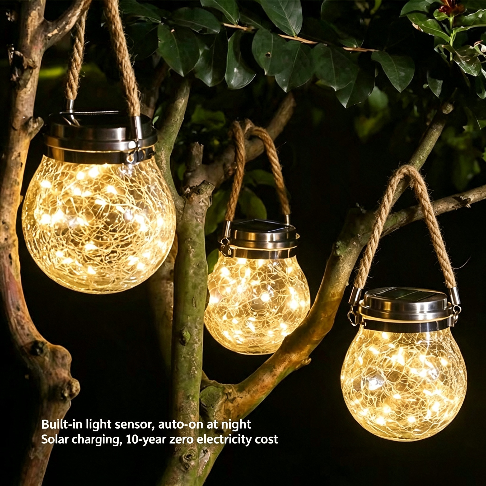 Solar LED Crackle Glass Hanging Lantern | Waterproof Outdoor Garden Tree Decor Light