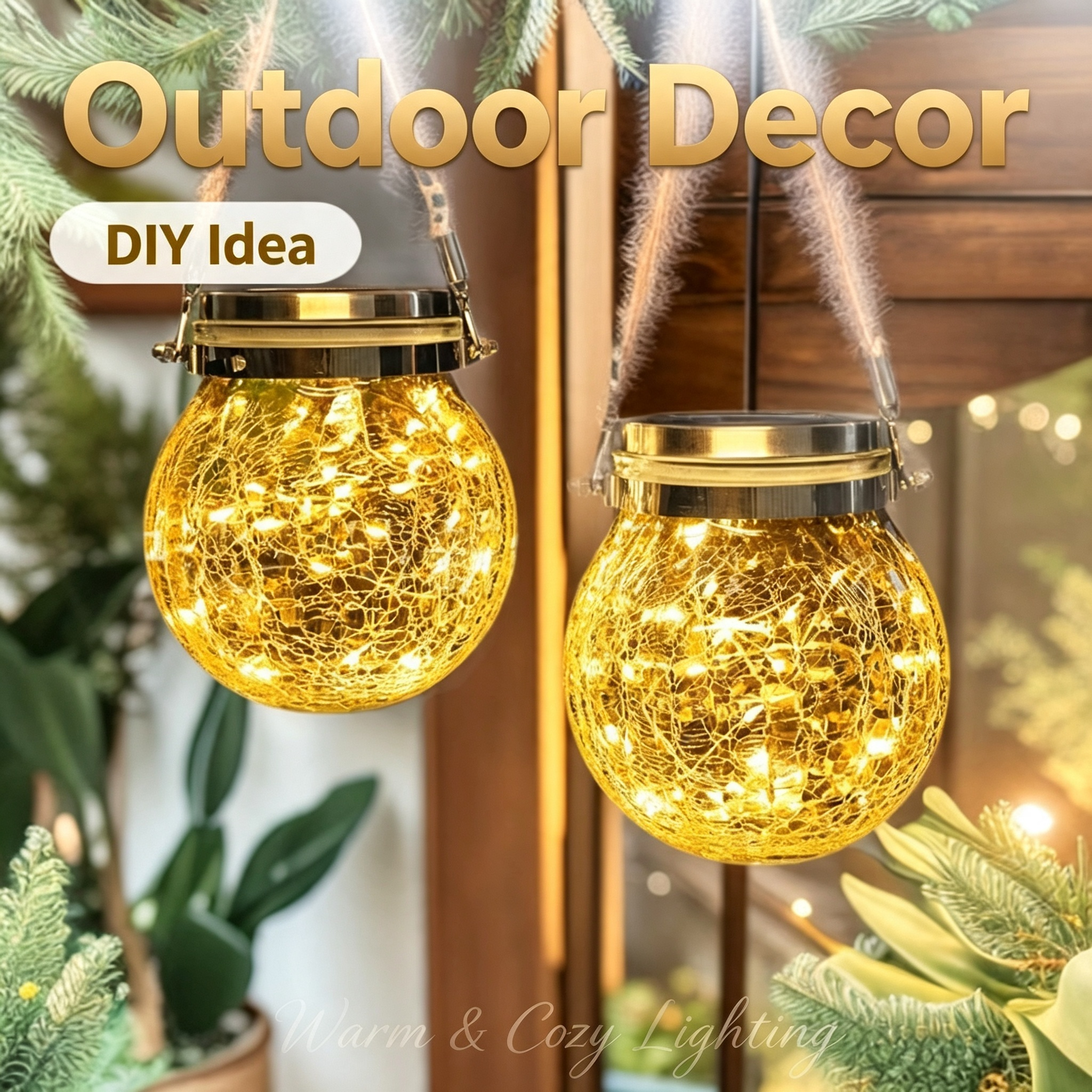 Solar LED Crackle Glass Hanging Lantern | Waterproof Outdoor Garden Tree Decor Light