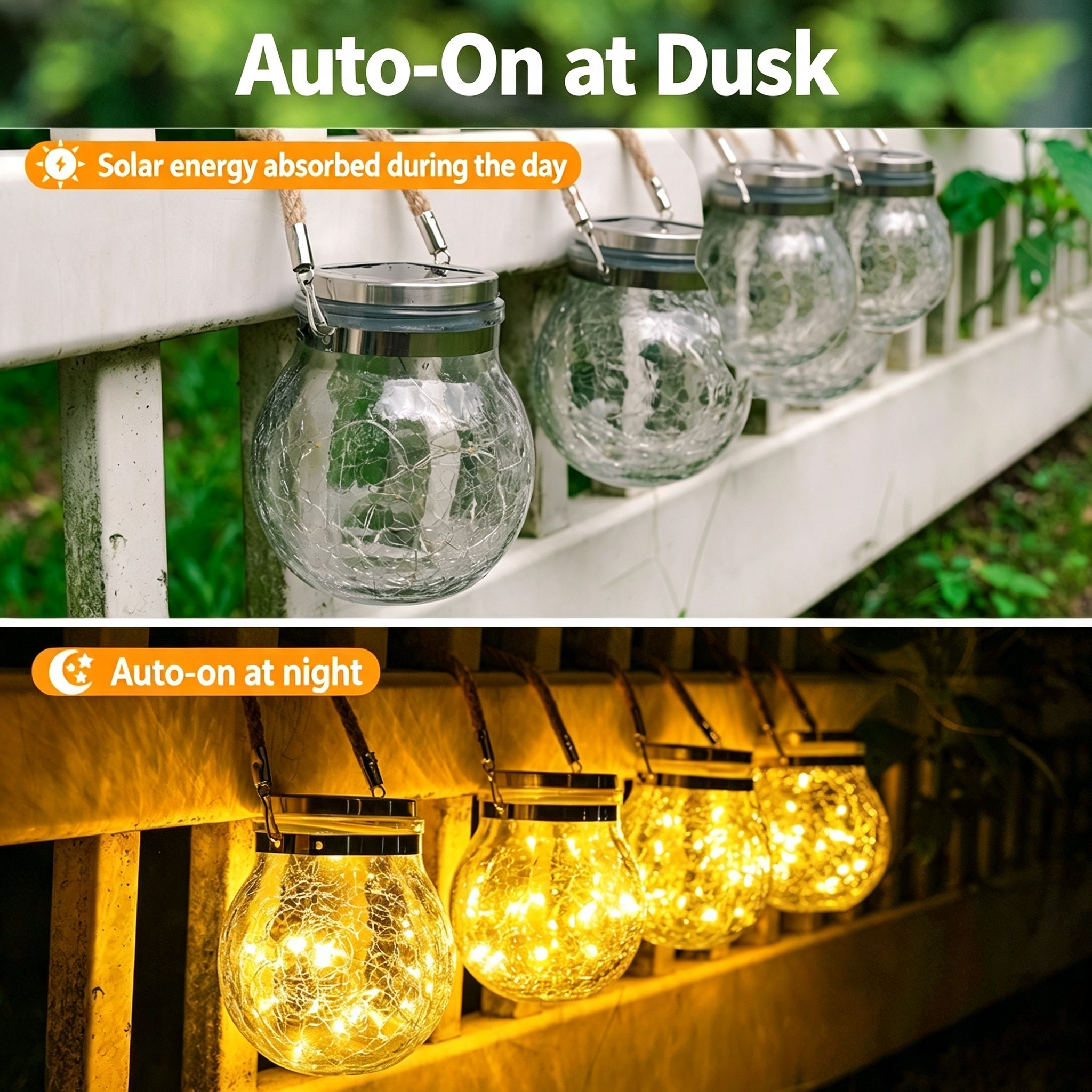Solar LED Crackle Glass Hanging Lantern | Waterproof Outdoor Garden Tree Decor Light