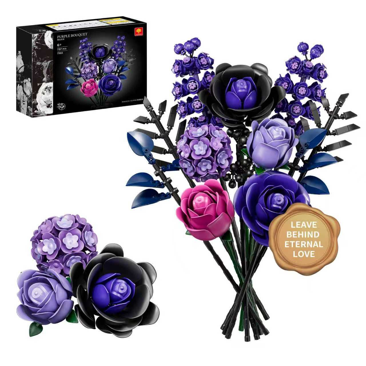 Flower Bouquet Building Set, Purple Roses Botanical Collection Kits for Adults Women, Gift for Valentine's Day for Her/Mom/Girlfriend/Wife/Couple, Gothic Modern Home Room Office Table Decor