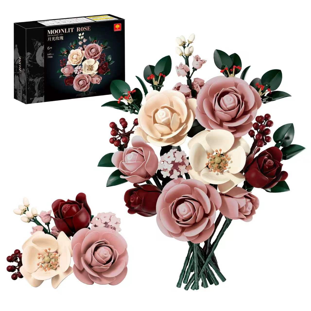 Flower Bouquet Building Set, Purple Roses Botanical Collection Kits for Adults Women, Gift for Valentine's Day for Her/Mom/Girlfriend/Wife/Couple, Gothic Modern Home Room Office Table Decor