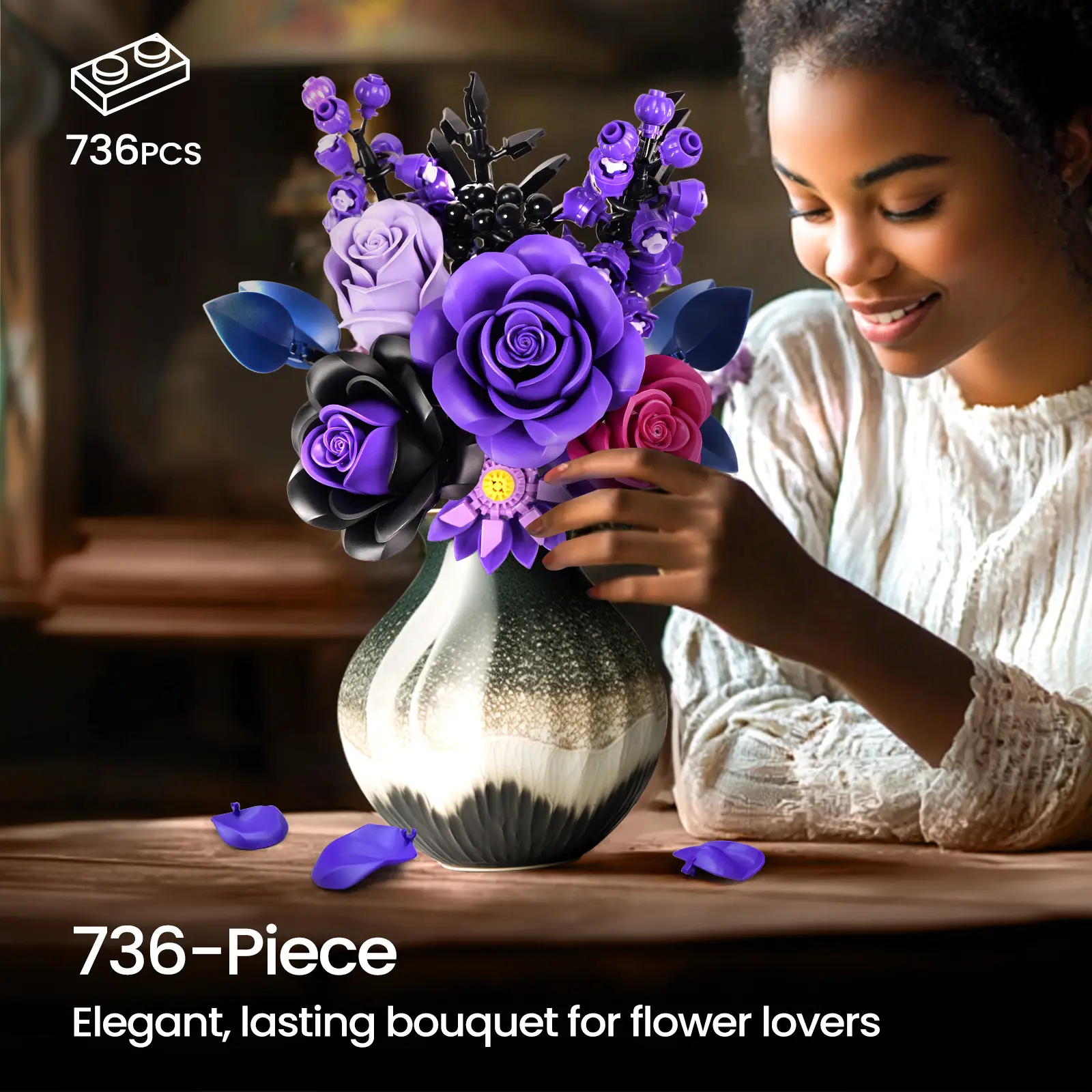 Flower Bouquet Building Set, Purple Roses Botanical Collection Kits for Adults Women, Gift for Valentine's Day for Her/Mom/Girlfriend/Wife/Couple, Gothic Modern Home Room Office Table Decor