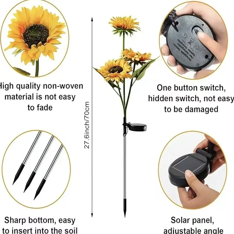 LED Solar Sunflower Garden Stake Lights - 2/4/6 Packs, 14cm Large Flower Heads, 65cm Tall, IP65 Waterproof Realistic Decor for Lawn, Patio, Light