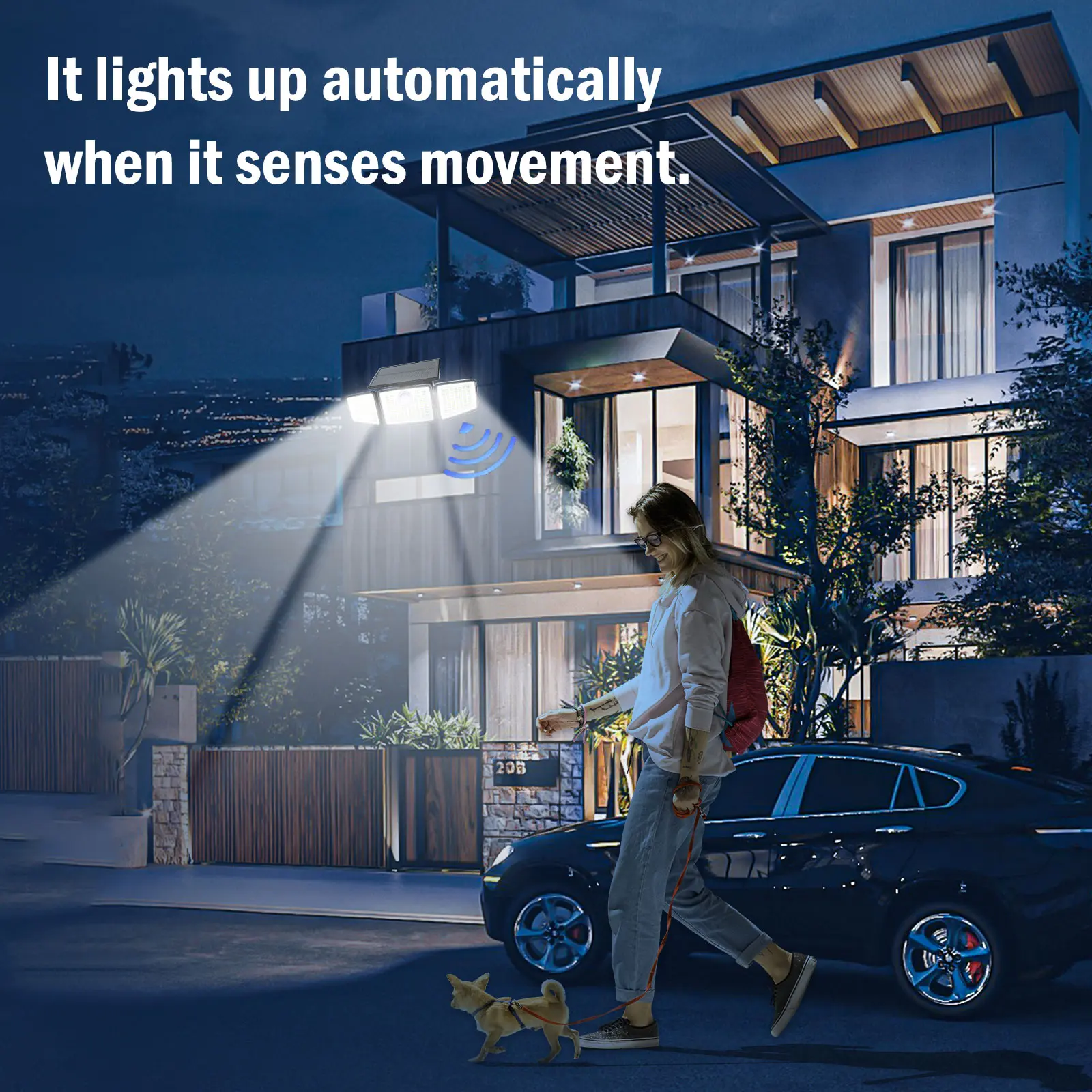 Solar Outdoor Security Spotlights, 2500LM 3-Head Dimmable Adjustable Wall Mount Lights with 3 Modes, IP65 Waterproof, for Garage, Festival Gift