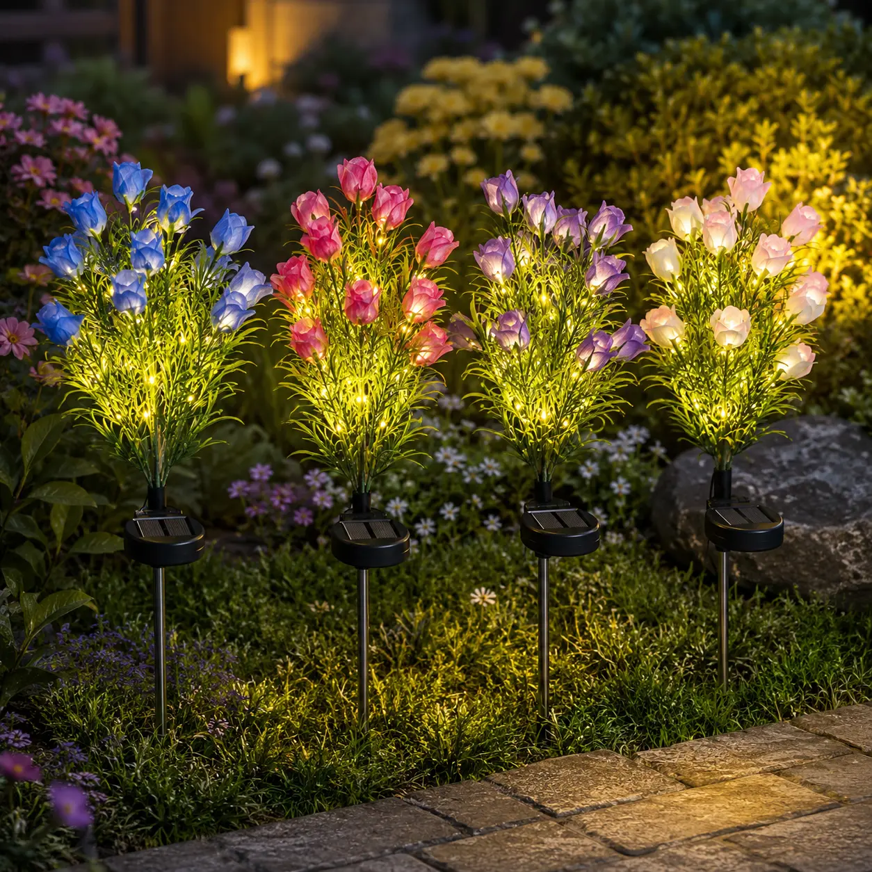 Solar Garden Flower Lights, LED Solar Stake Lights Outdoor Waterproof Gardenia Decorative Pathway Lights for Yard Lawn Patio Flower Bed Landscape Decor, Multi-Color Outdoor Solar Flower Lights for Garden Decor