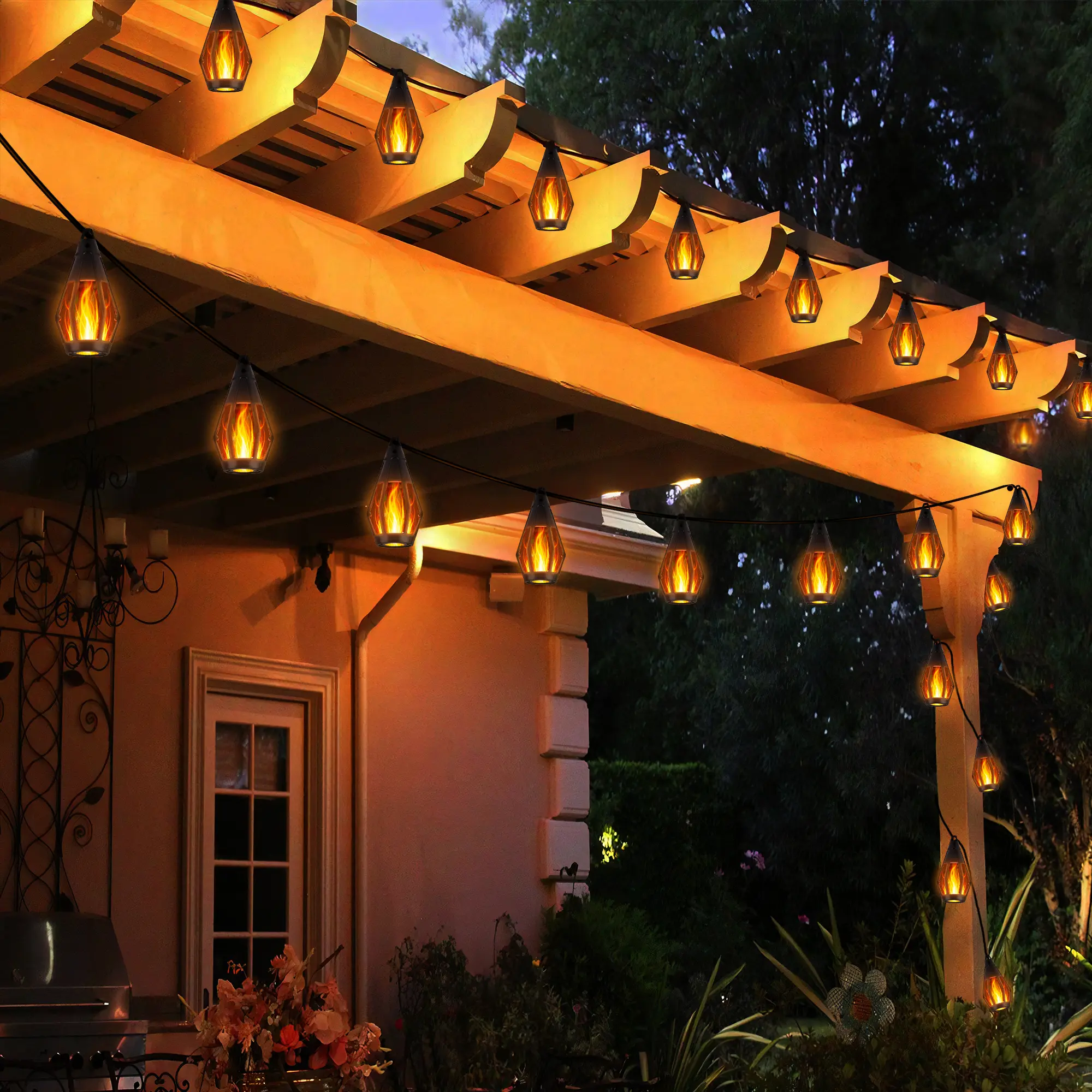 Solar-Powered Flame LED Lighted Strip Lights, 42ft 15-LED Outdoor Waterproof Garden Accessories, Energy-Efficient Eco-Friendly Backyard & Outdoor Decor