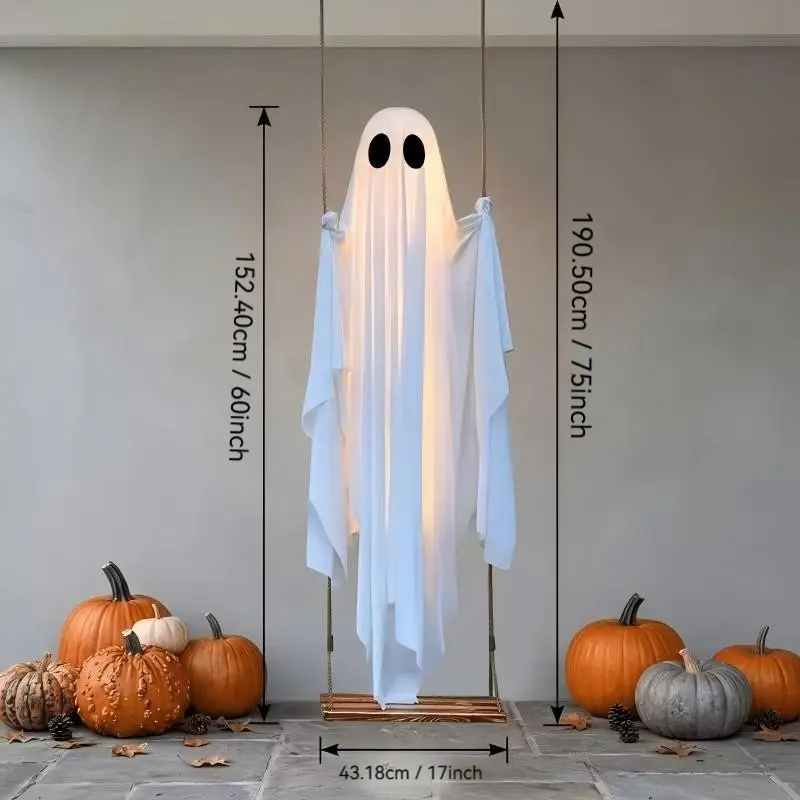 5 Feet Large Hanging Swing Ghost Remote Control Halloween Decoration with String Lights, Outdoor Courtyard Halloween Decorations