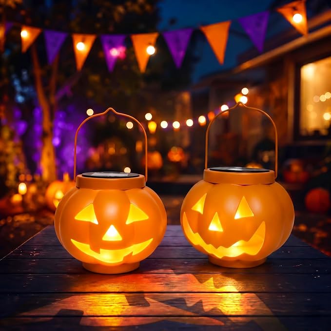 Halloween Pumpkin Solar Lanterns 2 Pack,Pumpkin Lights for Halloween Decorations Outdoor, Weatherproof & Portable Fall Yard Decor (2Pack Warm White)