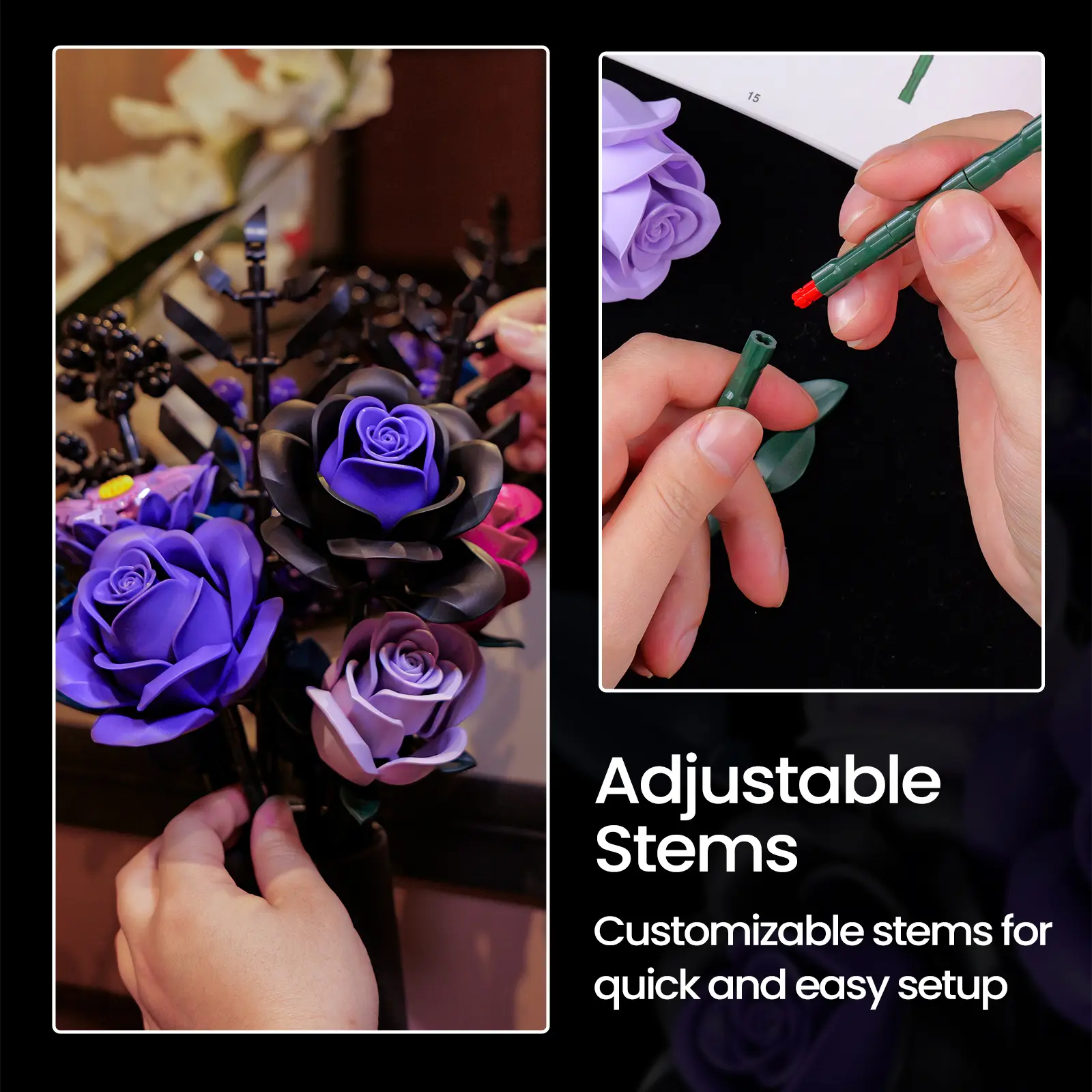 Flower Bouquet Building Set, Purple Roses Botanical Collection Kits for Adults Women, Gift for Valentine's Day for Her/Mom/Girlfriend/Wife/Couple, Gothic Modern Home Room Office Table Decor