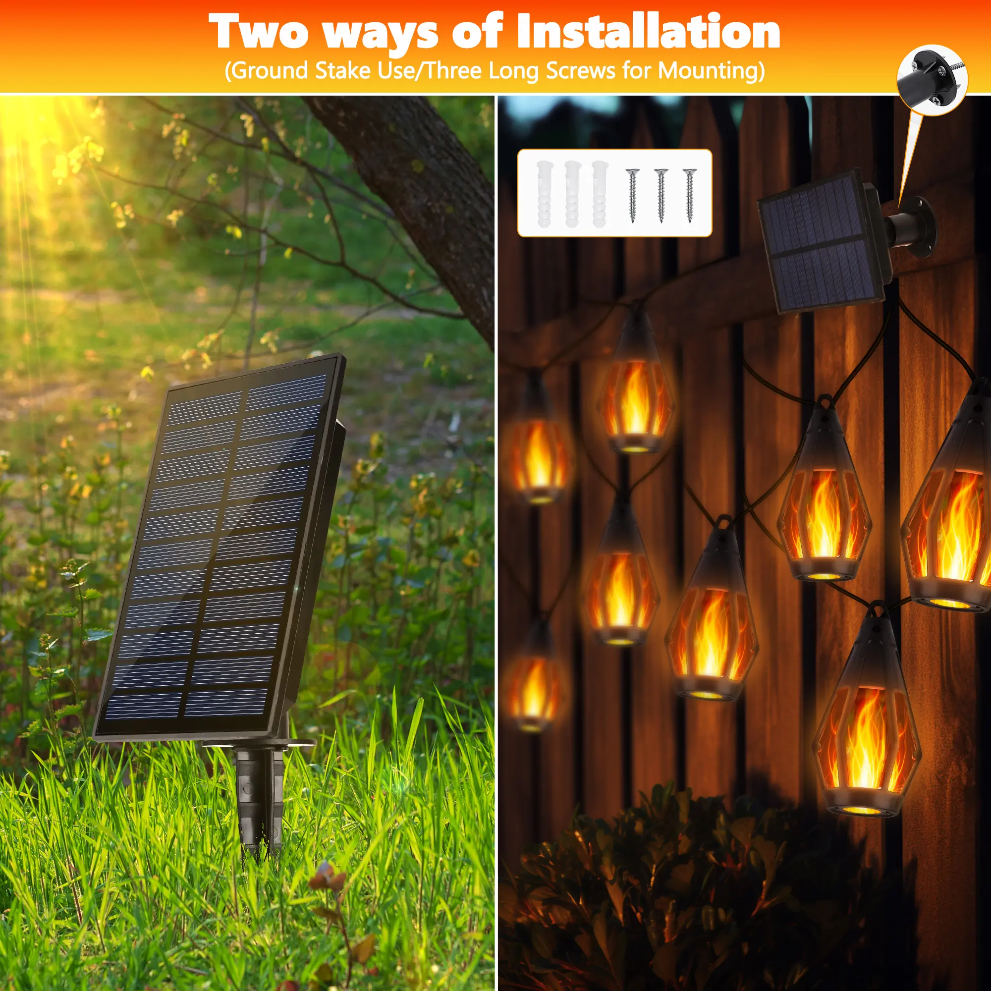 Solar-Powered Flame LED Lighted Strip Lights, 42ft 15-LED Outdoor Waterproof Garden Accessories, Energy-Efficient Eco-Friendly Backyard & Outdoor Decor