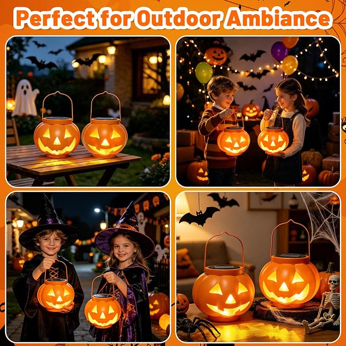 Halloween Pumpkin Solar Lanterns 2 Pack,Pumpkin Lights for Halloween Decorations Outdoor, Weatherproof & Portable Fall Yard Decor (2Pack Warm White)