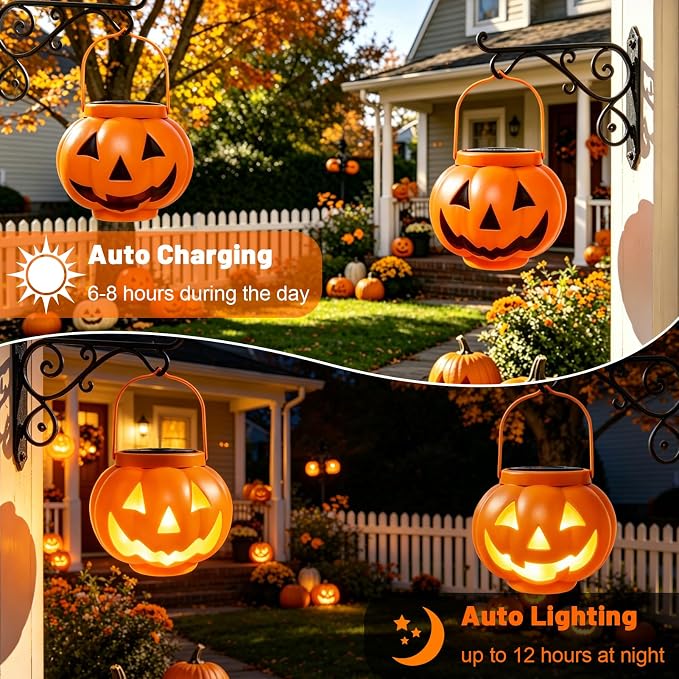Halloween Pumpkin Solar Lanterns 2 Pack,Pumpkin Lights for Halloween Decorations Outdoor, Weatherproof & Portable Fall Yard Decor (2Pack Warm White)