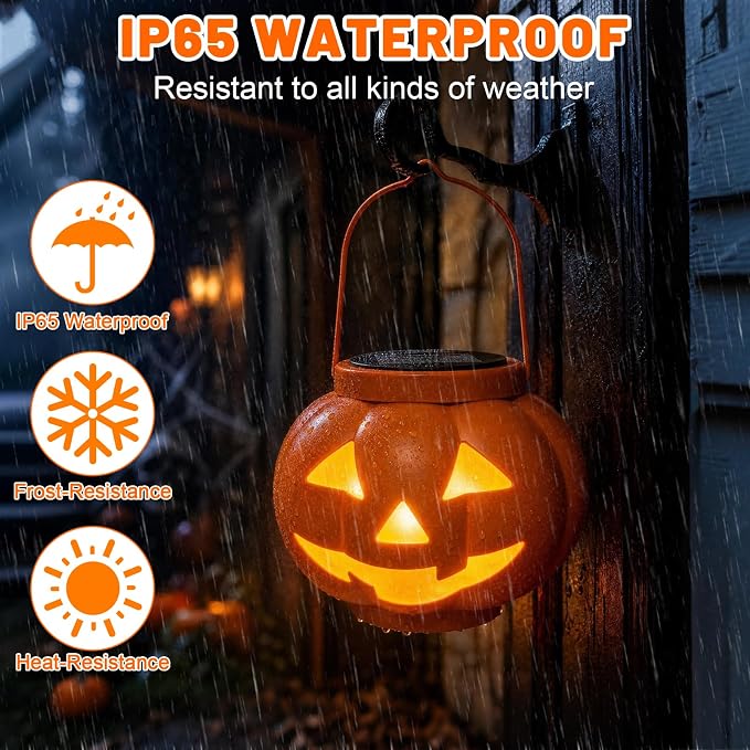 Halloween Pumpkin Solar Lanterns 2 Pack,Pumpkin Lights for Halloween Decorations Outdoor, Weatherproof & Portable Fall Yard Decor (2Pack Warm White)