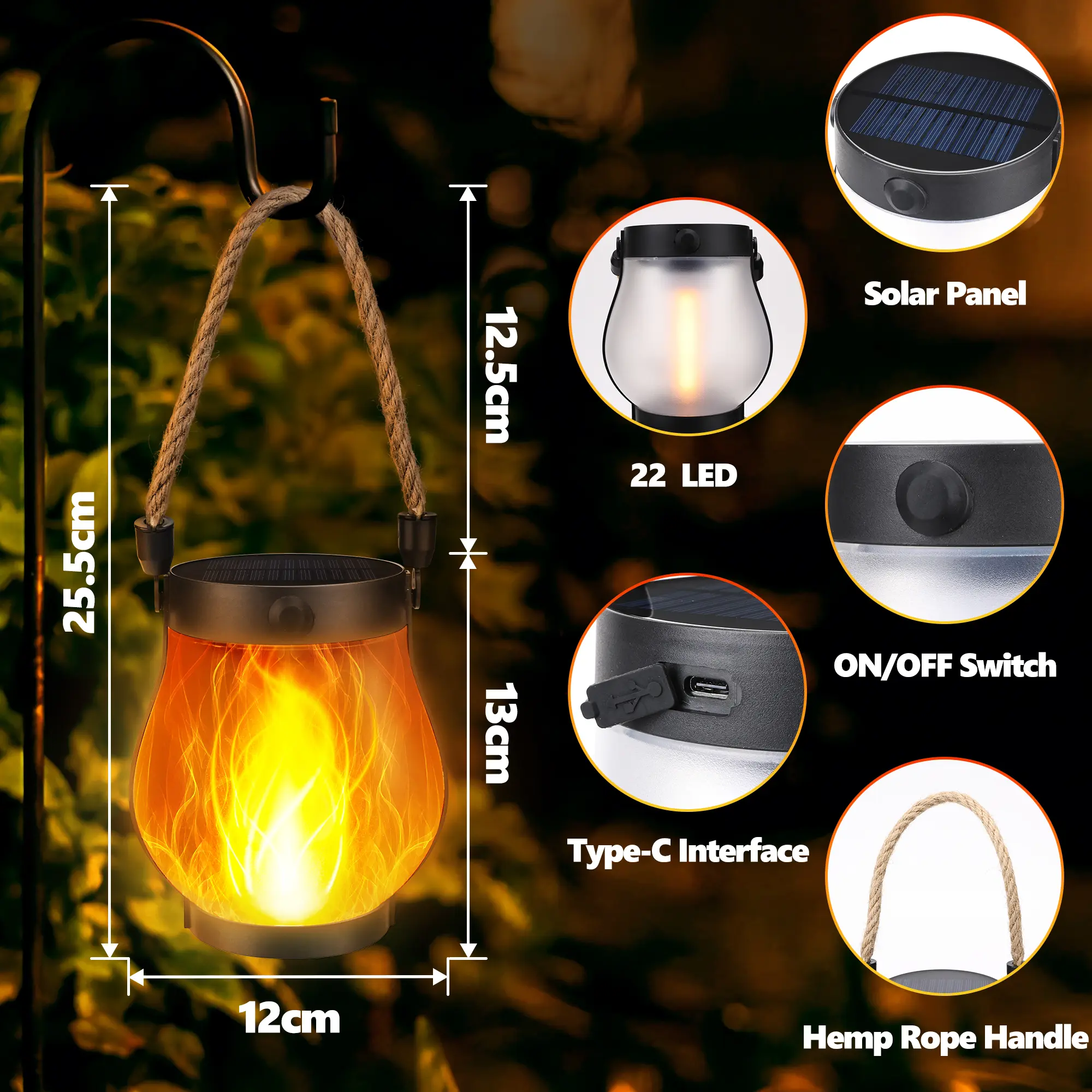 Solar Lanterns, Flickering Flame Garden Lights, USB and Solar Dual Charging, Outdoor Waterproof Pendant Lights for Yard Pat，Halloween Decorationsi Porch Decoration,dorm essentials,home decor,home essentials,camping essentials