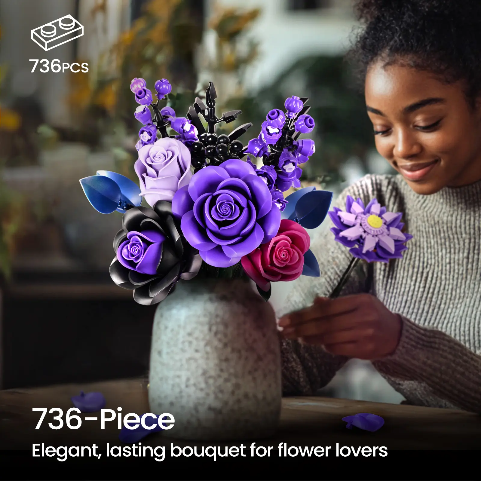 Flower Bouquet Building Set, Purple Roses Botanical Collection Kits for Adults Women, Gift for Valentine's Day for Her/Mom/Girlfriend/Wife/Couple, Gothic Modern Home Room Office Table Decor