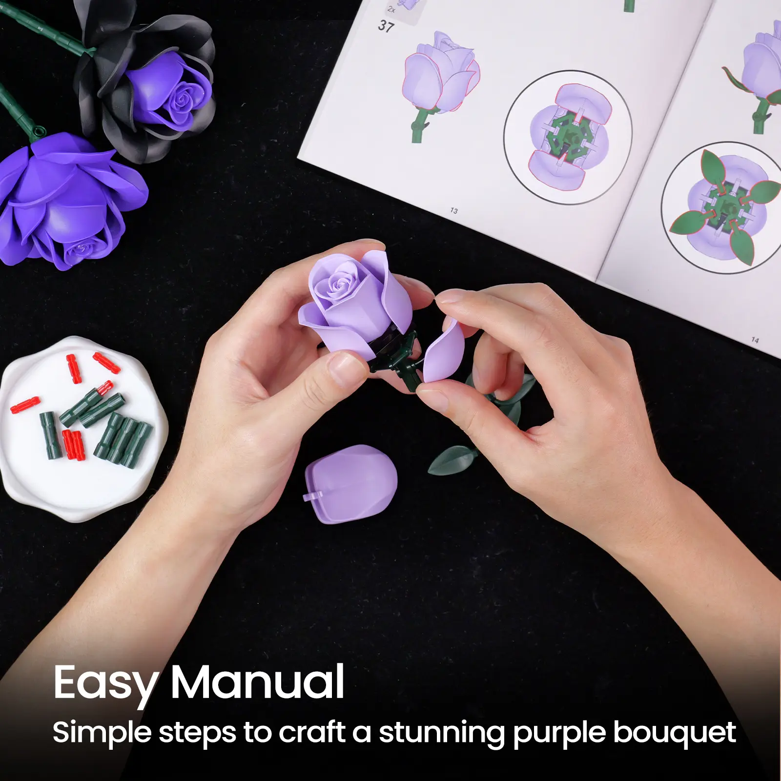 Flower Bouquet Building Set, Purple Roses Botanical Collection Kits for Adults Women, Gift for Valentine's Day for Her/Mom/Girlfriend/Wife/Couple, Gothic Modern Home Room Office Table Decor