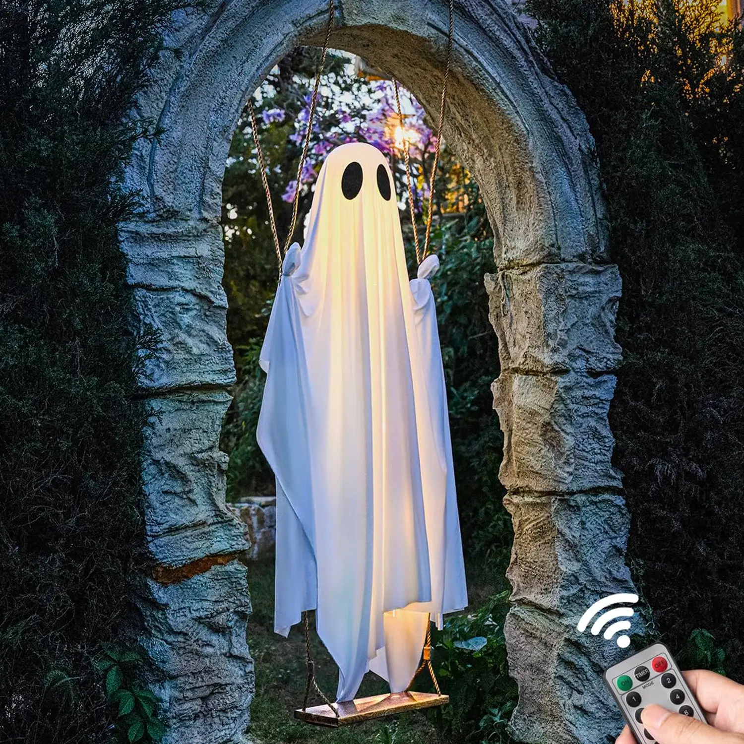 5 Feet Large Hanging Swing Ghost Remote Control Halloween Decoration with String Lights, Outdoor Courtyard Halloween Decorations