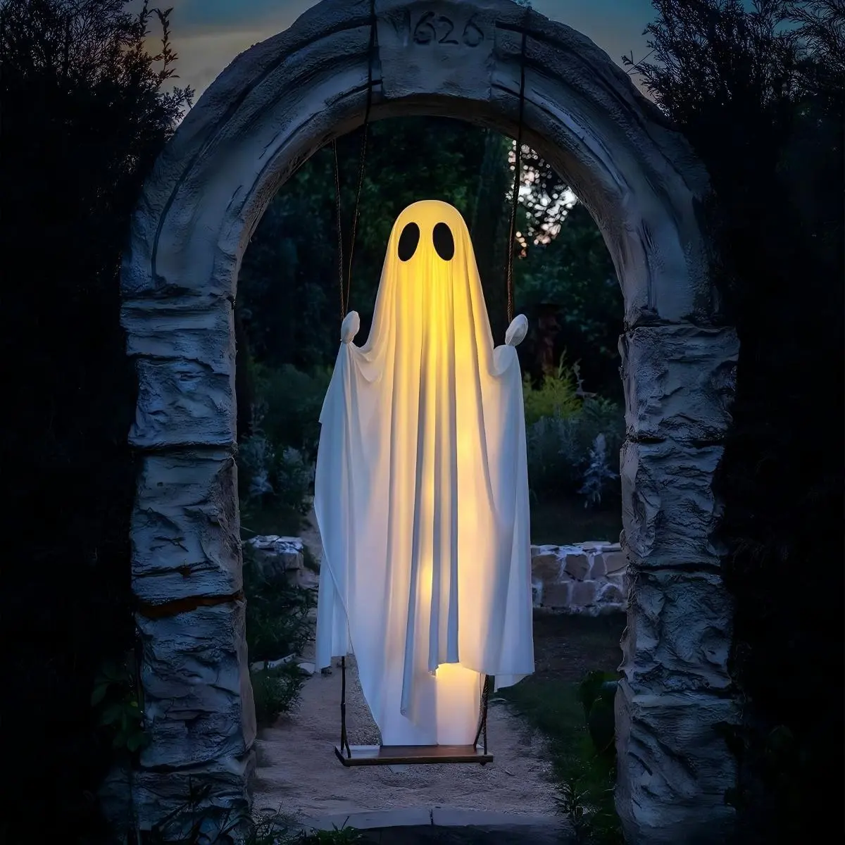 5 Feet Large Hanging Swing Ghost Remote Control Halloween Decoration with String Lights, Outdoor Courtyard Halloween Decorations