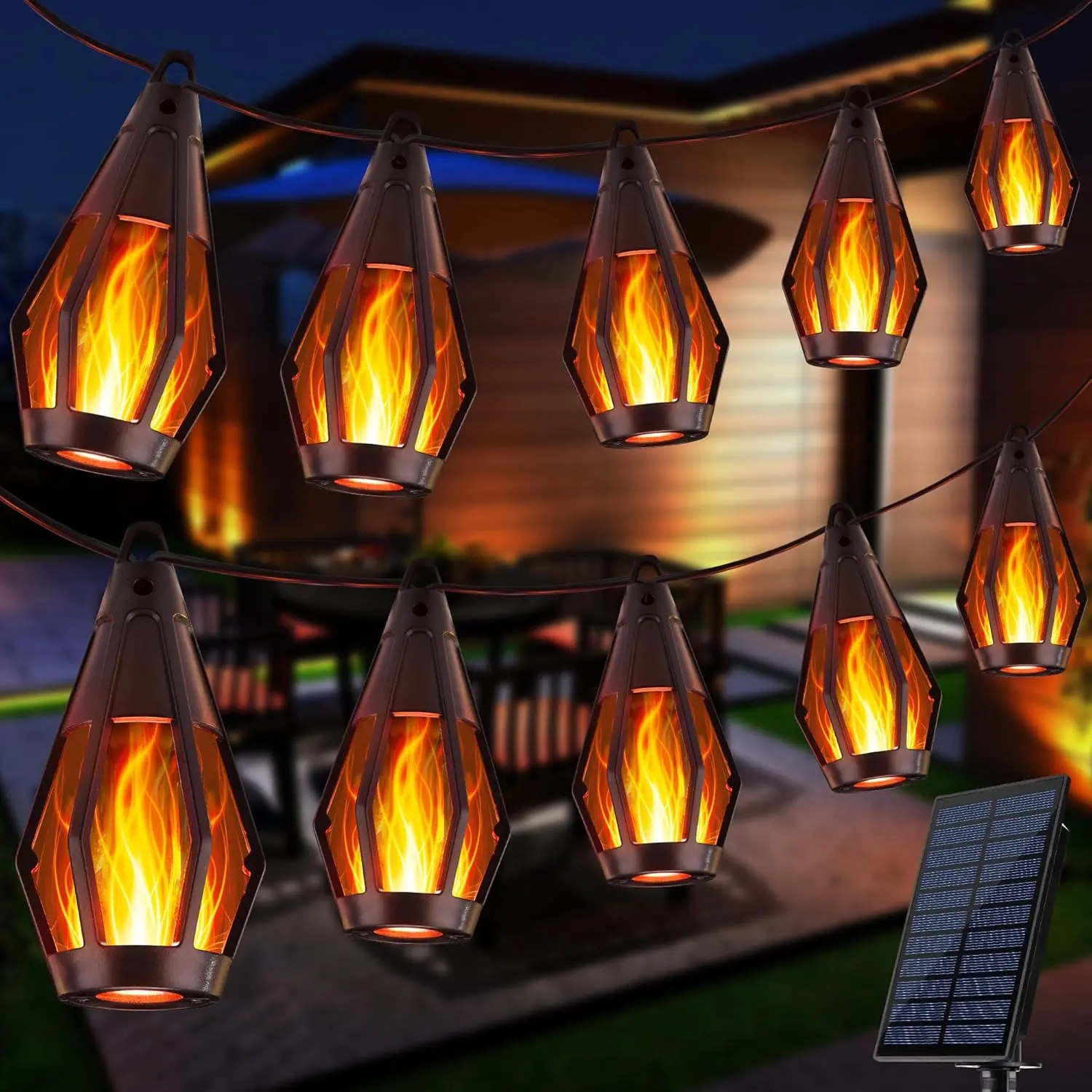 Solar-Powered Flame LED Lighted Strip Lights, 42ft 15-LED Outdoor Waterproof Garden Accessories, Energy-Efficient Eco-Friendly Backyard & Outdoor Decor