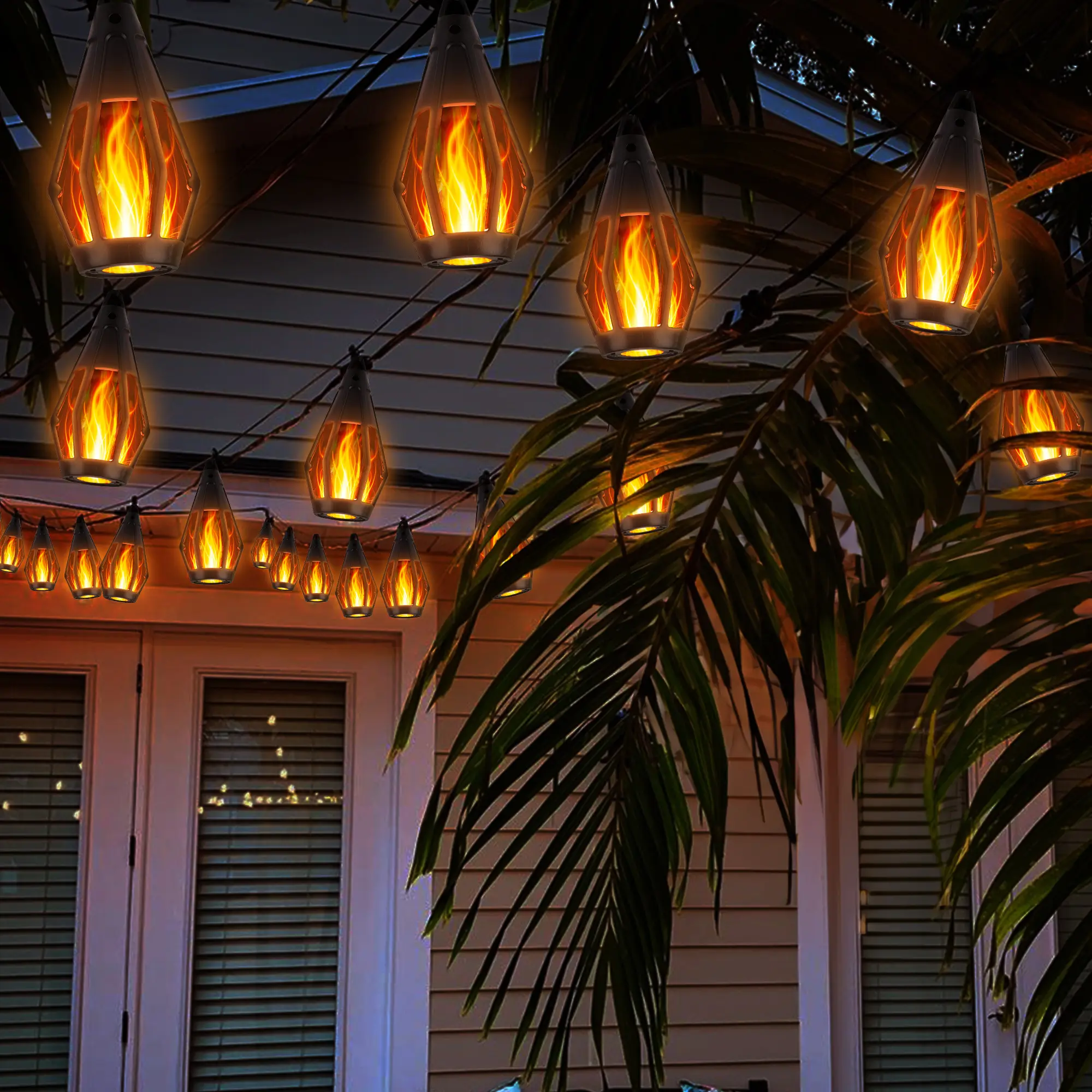 Solar-Powered Flame LED Lighted Strip Lights, 42ft 15-LED Outdoor Waterproof Garden Accessories, Energy-Efficient Eco-Friendly Backyard & Outdoor Decor