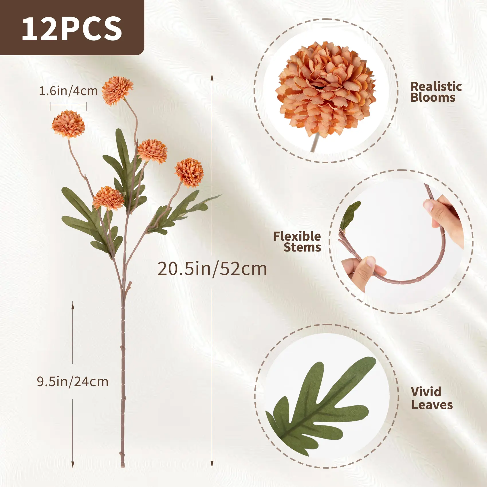 12Pcs Summer and Autumn Orange Harvest Festival Red Artificial Pom-Pom Flowers Snowball - Graduation Gifts Dandelion Bulk Faux Silk Blooms for DIY Bouquets, Wedding Centerpieces & Home Office Teacher Appreciation Gifts