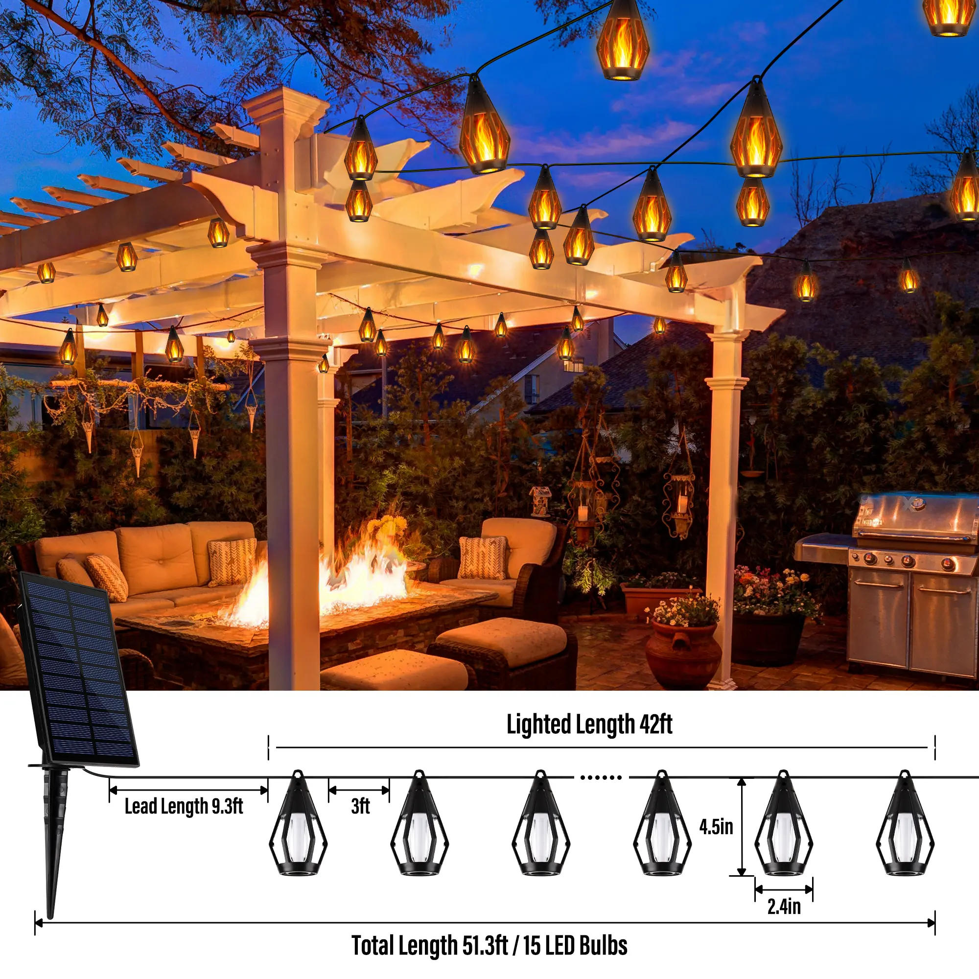 Solar-Powered Flame LED Lighted Strip Lights, 42ft 15-LED Outdoor Waterproof Garden Accessories, Energy-Efficient Eco-Friendly Backyard & Outdoor Decor