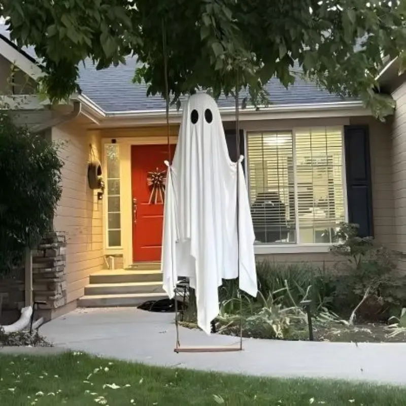 5 Feet Large Hanging Swing Ghost Remote Control Halloween Decoration with String Lights, Outdoor Courtyard Halloween Decorations