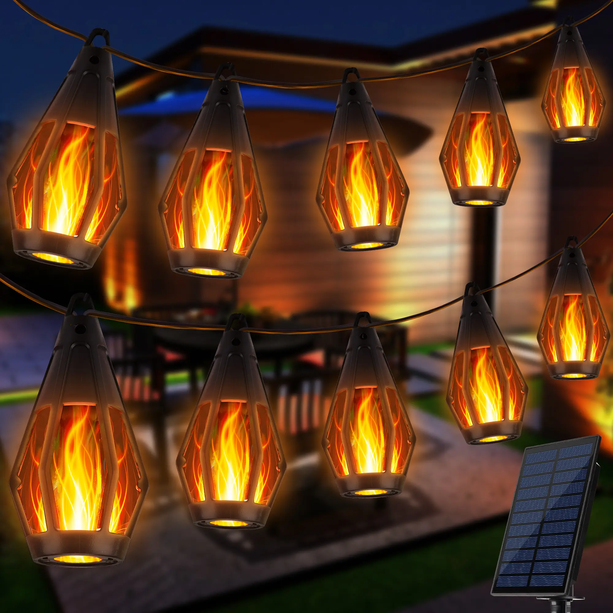 Solar-Powered Flame LED Lighted Strip Lights, 42ft 15-LED Outdoor Waterproof Garden Accessories, Energy-Efficient Eco-Friendly Backyard & Outdoor Decor