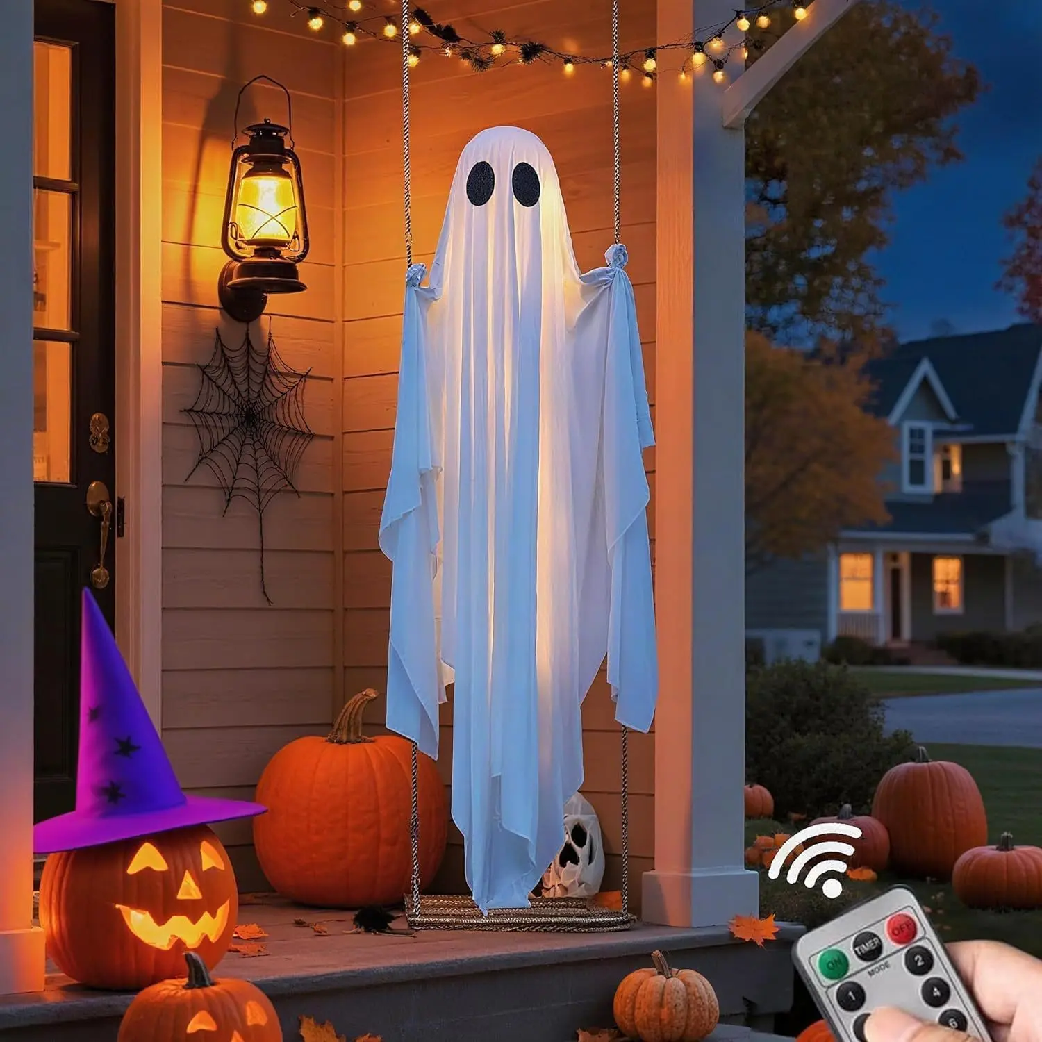 5 Feet Large Hanging Swing Ghost Remote Control Halloween Decoration with String Lights, Outdoor Courtyard Halloween Decorations