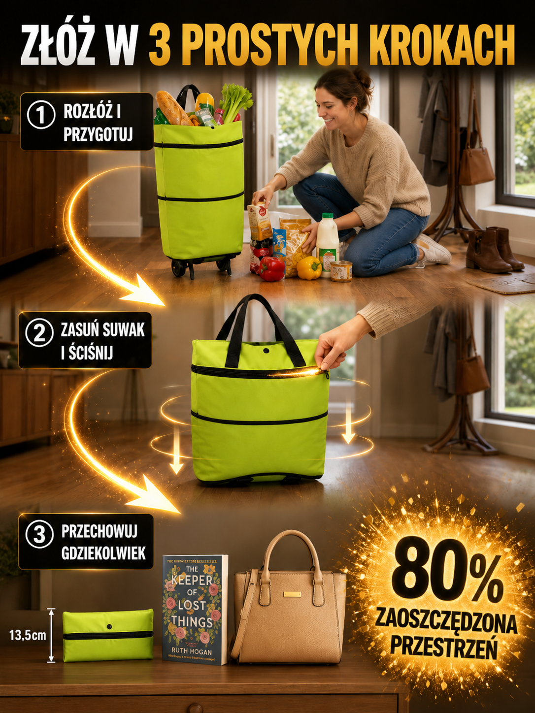 Składana Torba na Zakupy 2w1 z Kółkami | Ultralekka 0.8kg | Pojemność 30L