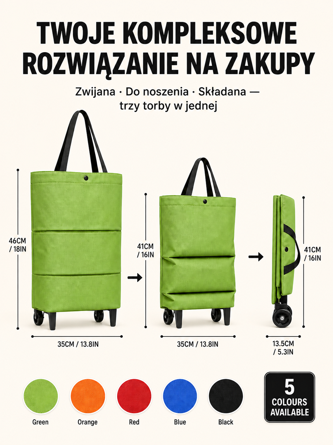 Składana Torba na Zakupy 2w1 z Kółkami | Ultralekka 0.8kg | Pojemność 30L