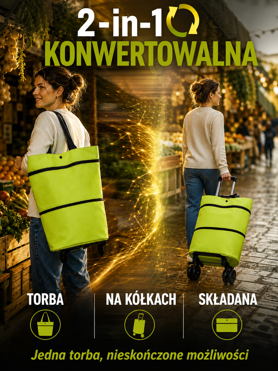 Składana Torba na Zakupy 2w1 z Kółkami | Ultralekka 0.8kg | Pojemność 30L