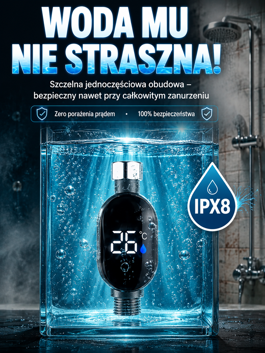 Inteligentny Termometr Prysznicowy LED | Bez Baterii, Ochrona Przed Poparzeniem